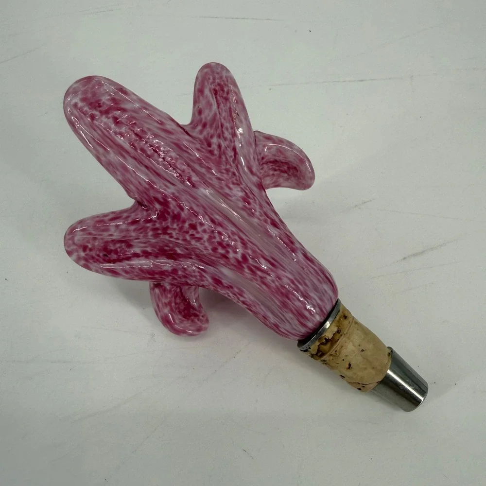 Hand Blown Art Glass Pink Lily Flower Wine Bottle Stopper Decorative Barware
